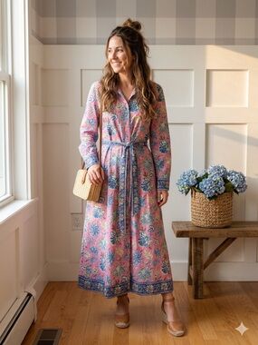 Printfresh Pink Floral Button-Front Maxi Dress with Blue Trim Large